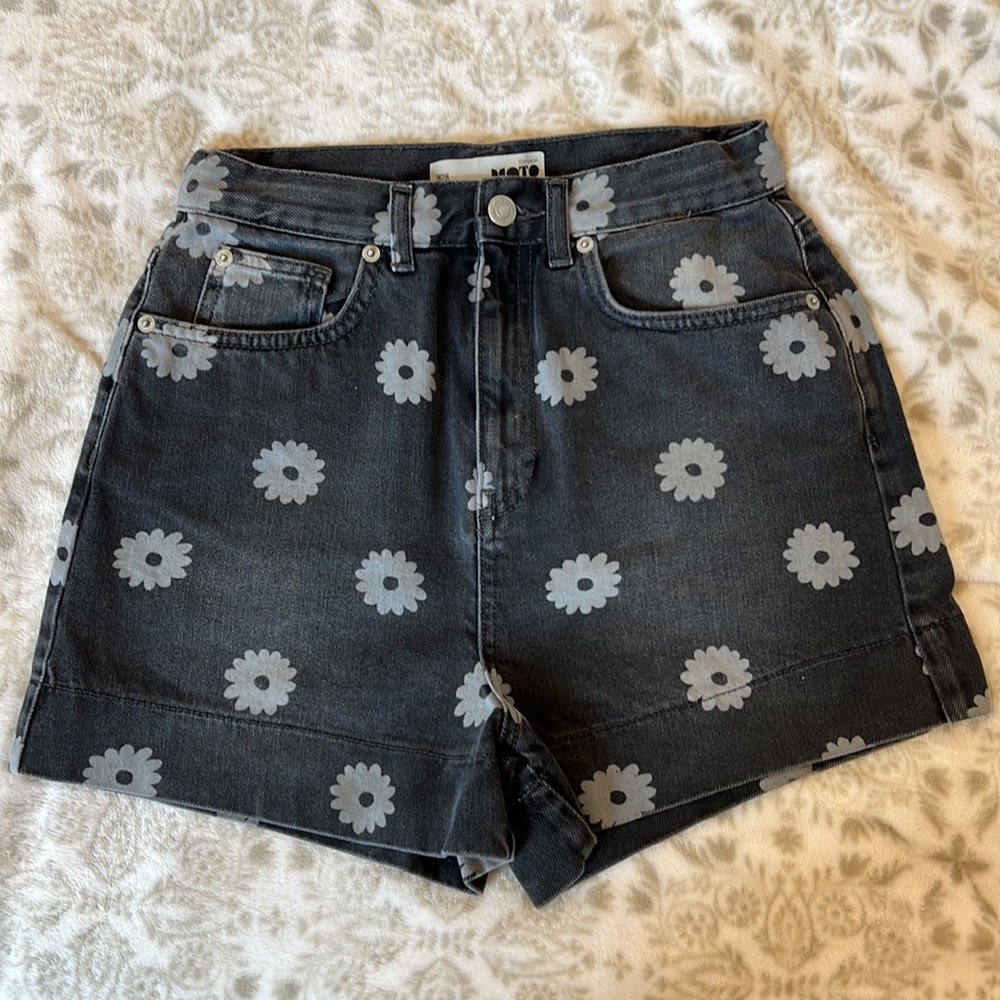 Topshop Flower Print High-Waisted Jean Shorts